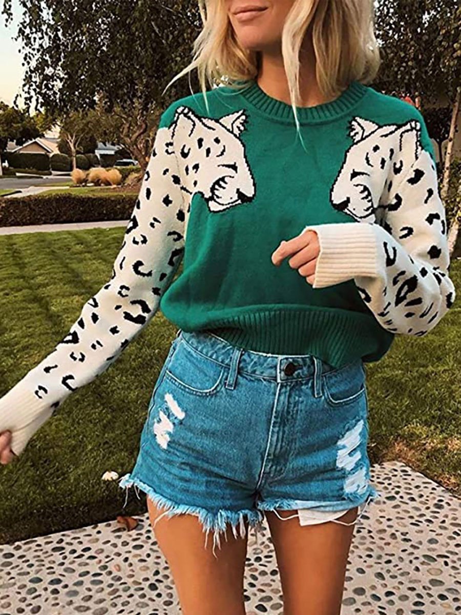 Two Leopard Head Color-block Sweaters