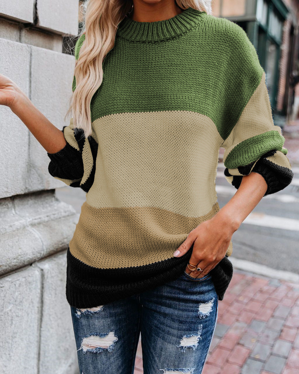 Women's Color Block Long Sleeve Sweater Top