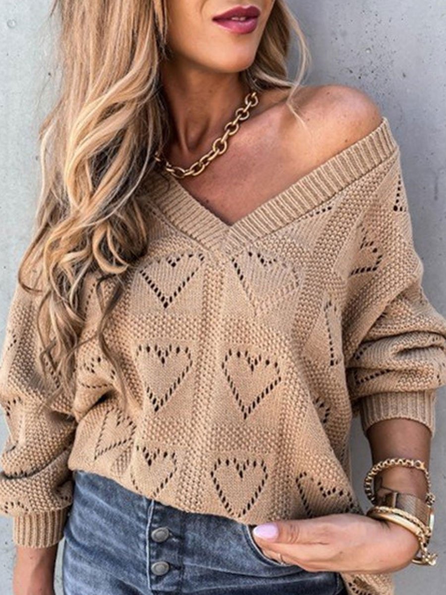 Solid color V-neck heart-shaped hollow loose knit sweater