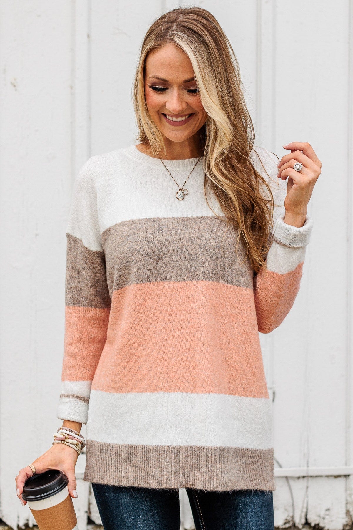 Unleash Your Shine Color Block Sweater- White, Mocha, & Pink