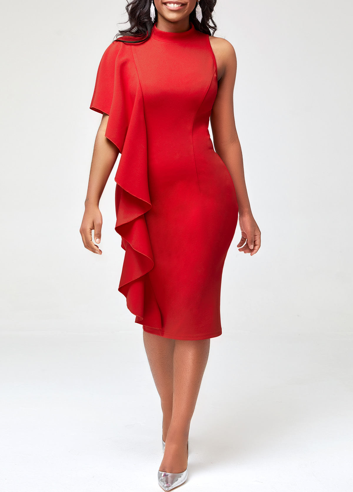 Flounce One Shoulder Mock Neck Red Dress