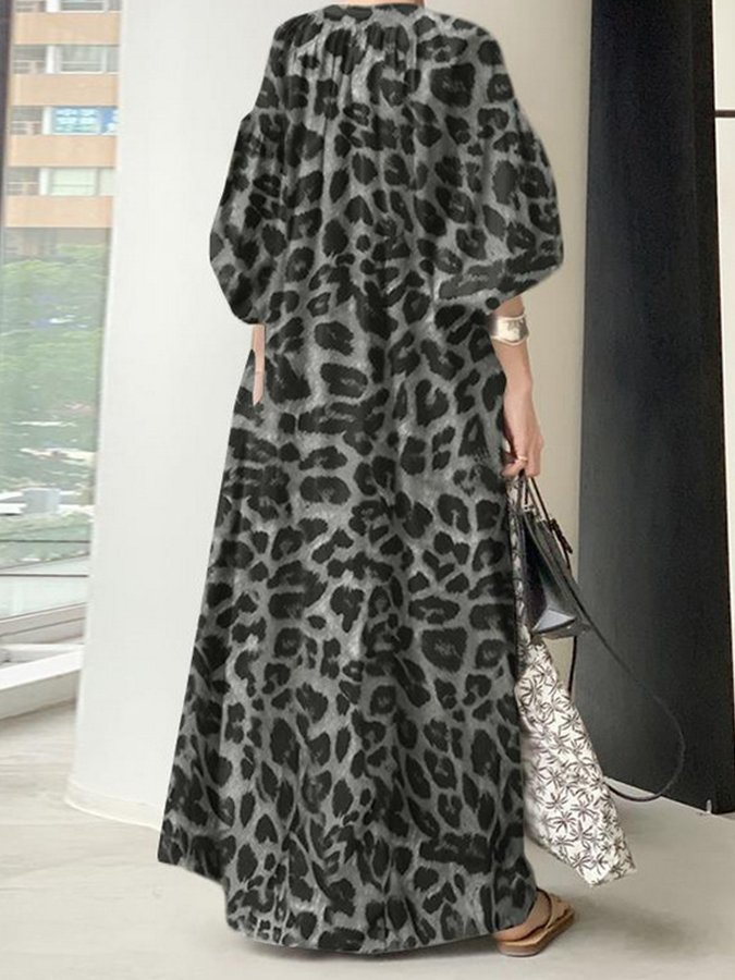 Women's Retro Leopard Print Casual Loose Balloon Sleeve Dress