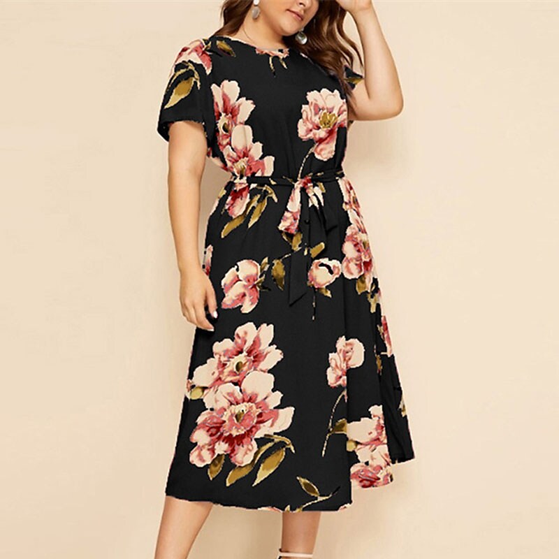 Women's Plus Size A Line Dress Floral Casual Midi Dress