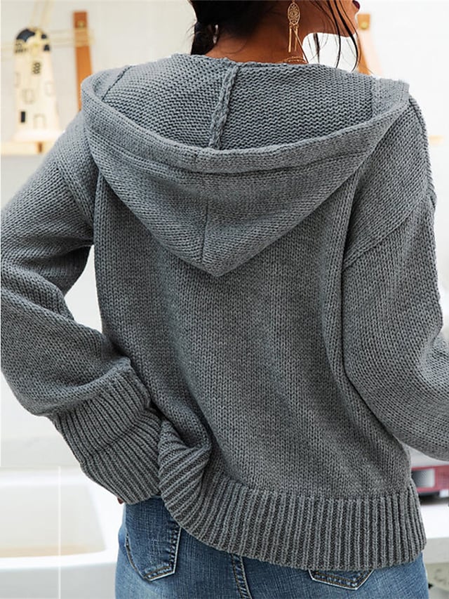 Women's Sweater Cardigan Jumper Knit Knitted Solid Color Hooded Stylish Home Going out Fall Winter Regular Fit