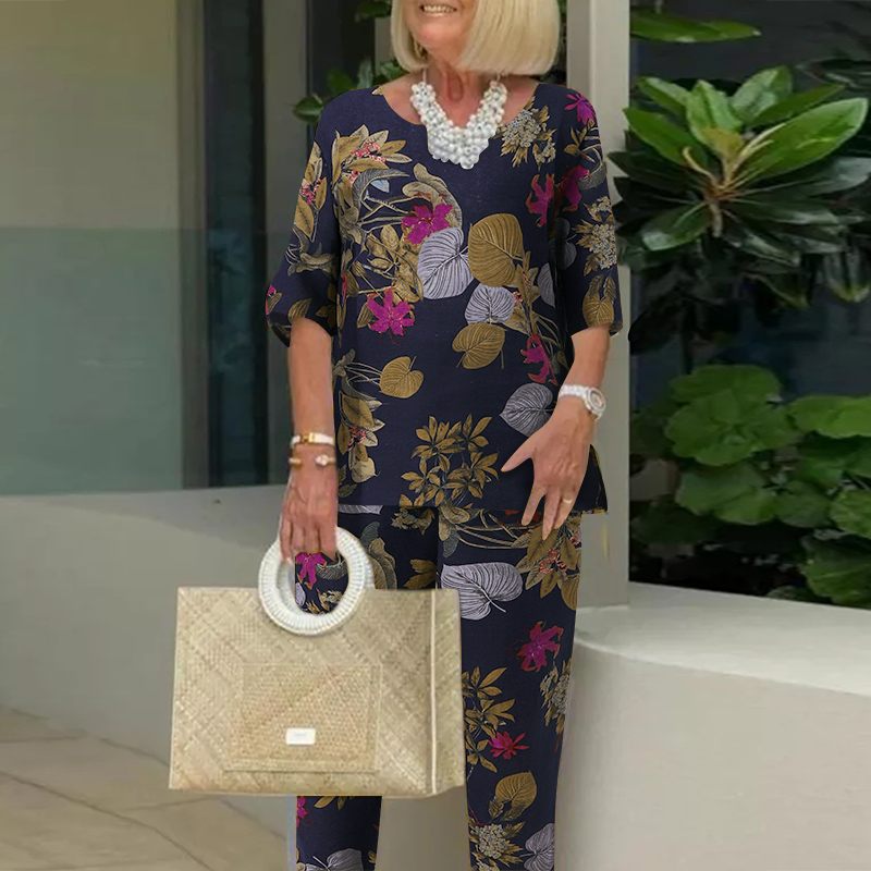 Women's Vintage Print Pants Set Half-sleeve Shirt Pants Set