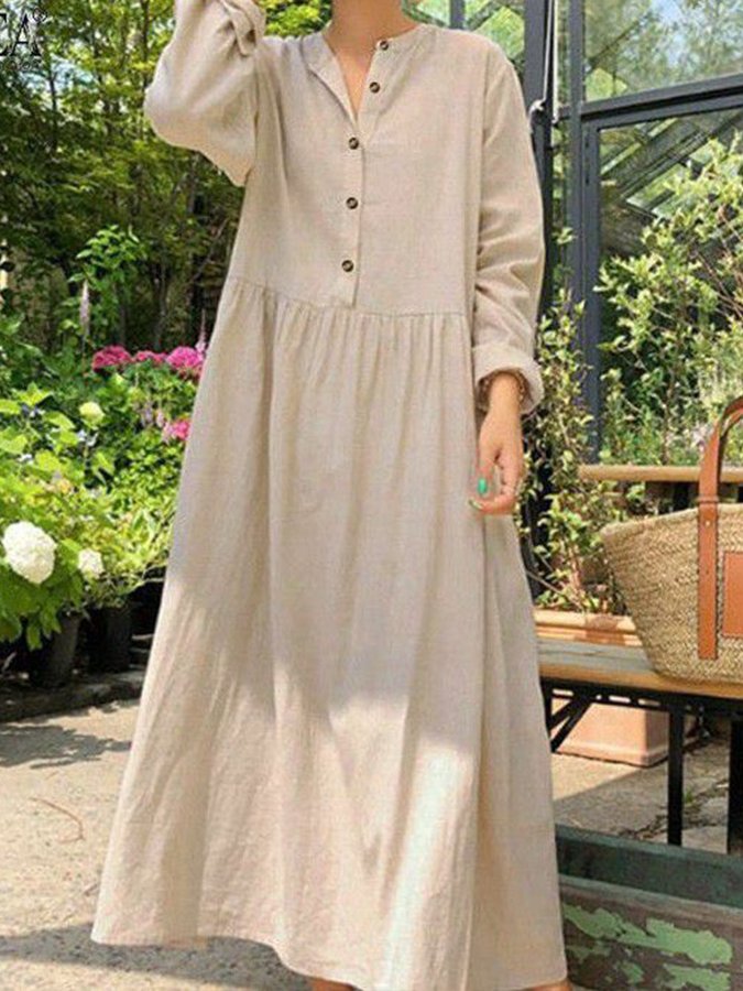Ladies Cotton Linen Long Swing Shirt Dress