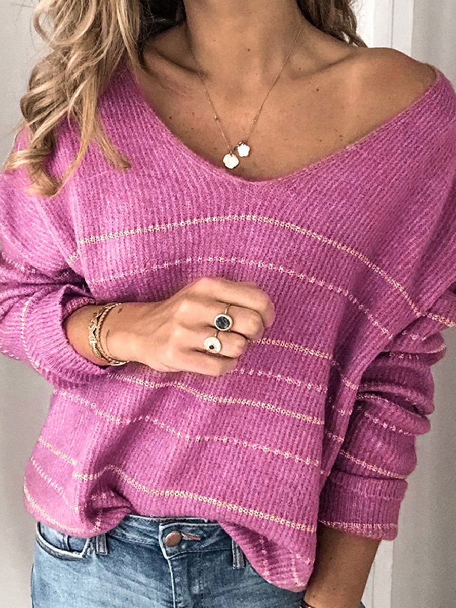 Solid Knitwear Casual Stripe V-Neck Sweater
