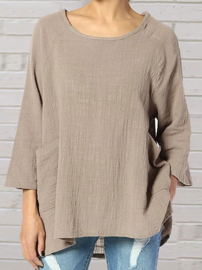 Women's Cotton Linen Round Neck Pocket Design Solid Color Shirt