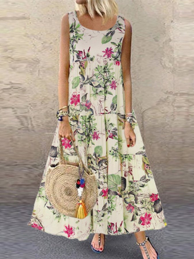 Women's Fashion Vintage Print Sleeveless Round Neck Dress