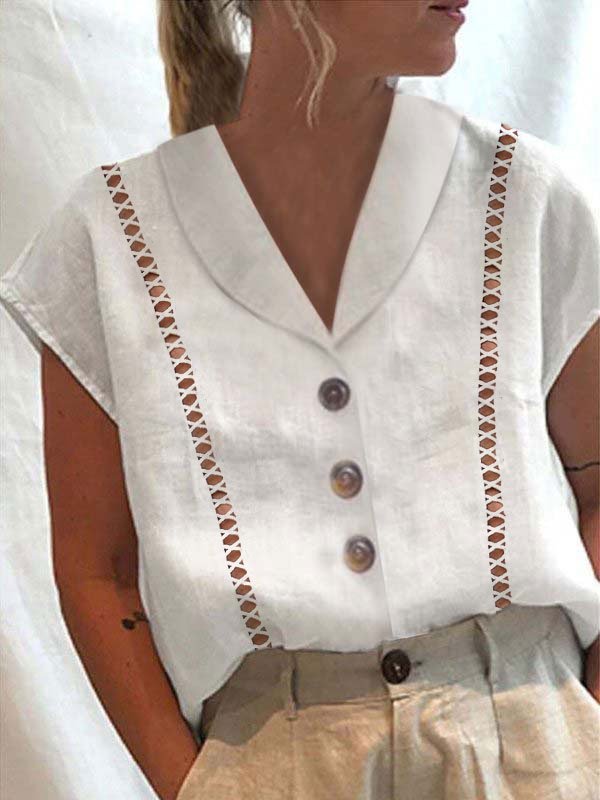 Women's Cotton Linen Lace Button-Up Shirt