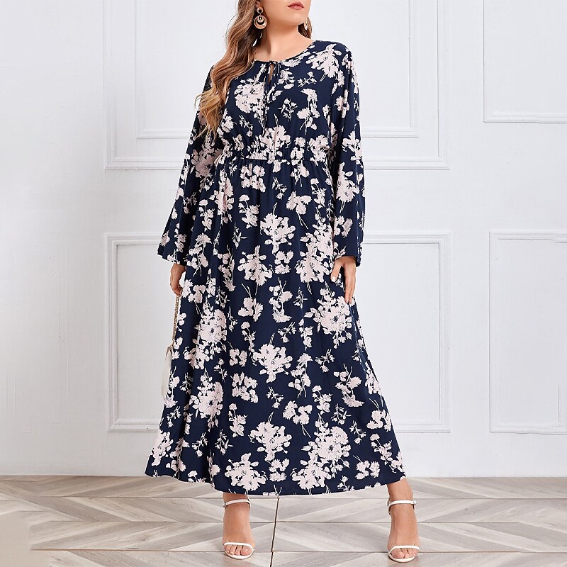Women's Plus Size A Line Dress Floral Crew Neck Long Sleeve Fall Winter Stylish Casual Maxi long Dress Daily Vacation Dress