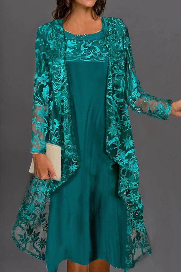 Women's Lace Dress Dress Set Midi Dress Dark Green Long Sleeve Embroidery Embroidered Layered Ruched Fall Winter Crew Neck Modern Mature 2022 S M L XL XXL 3XL