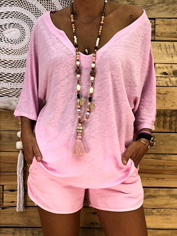 Women's Casual Solid Color Deep V Batwing Sleeve T-Shirt