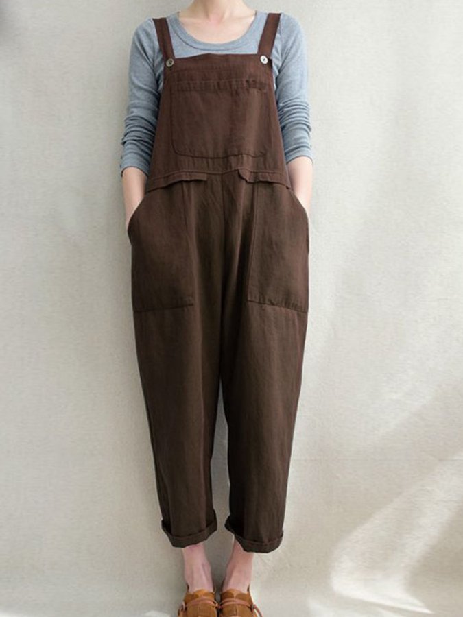 Ladies Cotton Linen Pocket Casual Long Jumpsuit