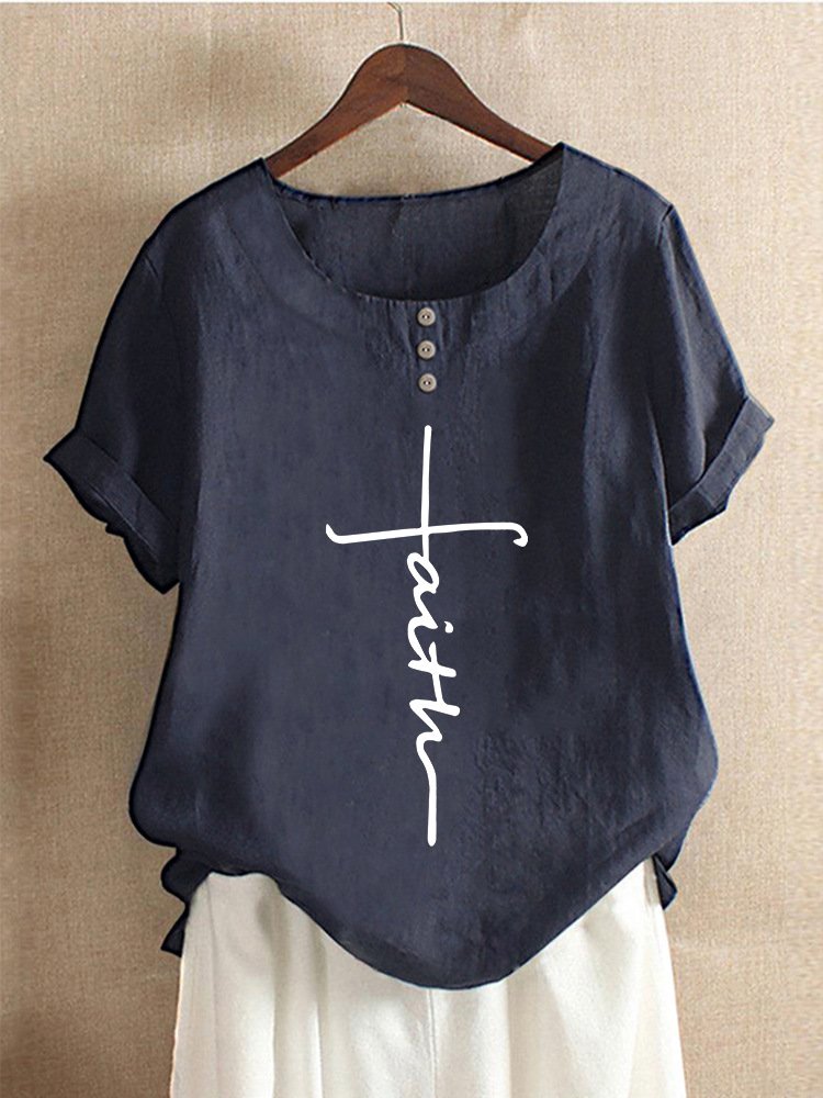Ladies Cotton Linen Faith Print Casual Shirt