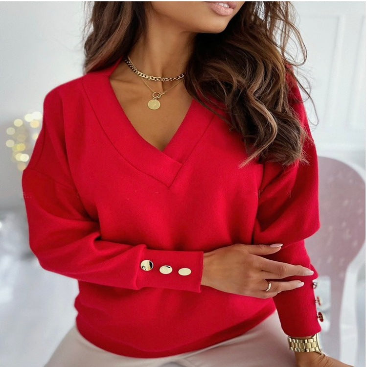 Women's Solid Button V-Neck Long Sleeve Top Sweater