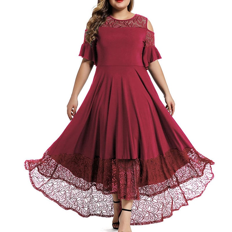 Women's Plus Size Holiday Dress Solid Color Crew Neck Lace Half Sleeve Fall Spring Work Maxi long Dress Daily Work Dress