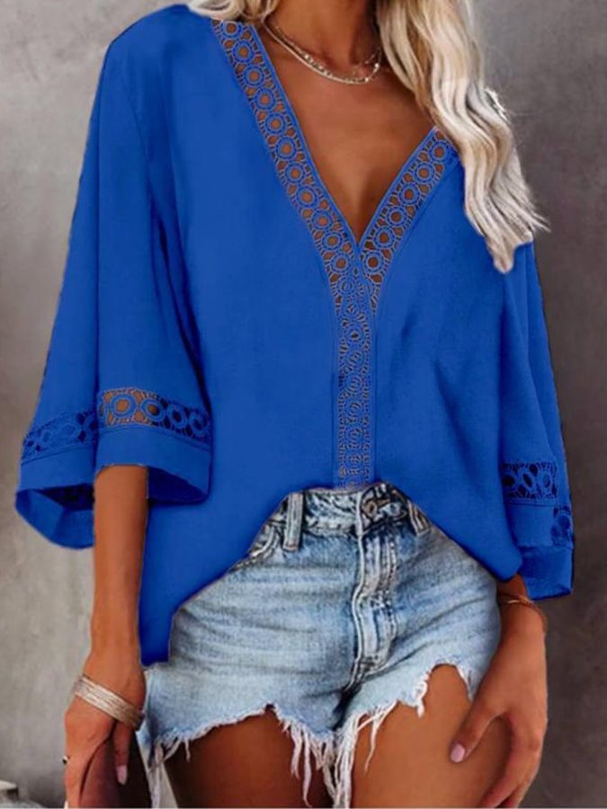 Women's Sexy V-Neck Cutout Lace Shirt