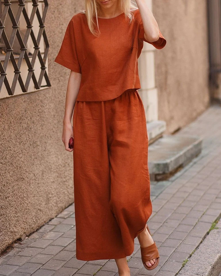 Linen casual loose solid color suit two piece set