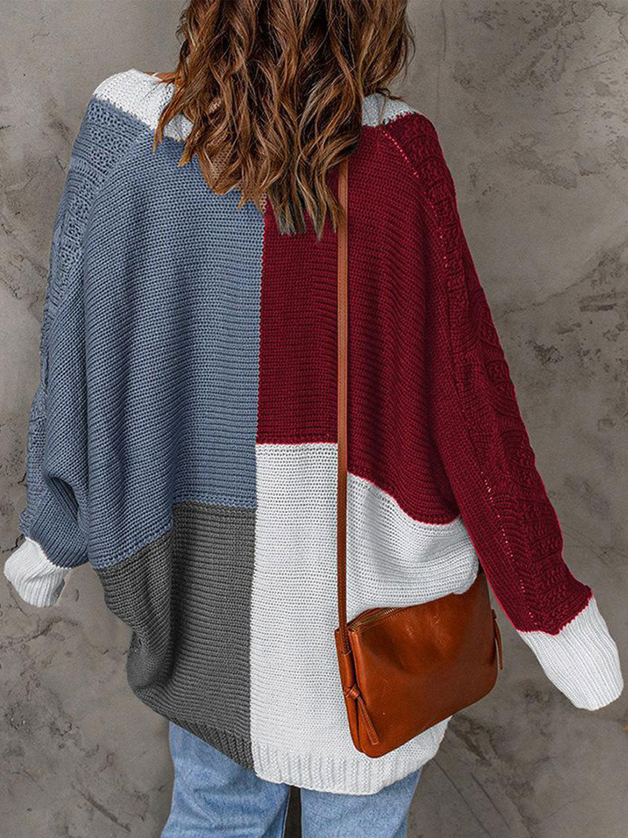 Casual Loose Sweater Contrast Panel Cardigan