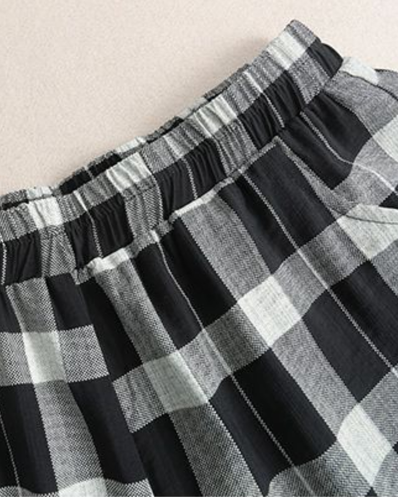 Plaid Stitching Loose Short-Sleeved Cropped Pants Two-Piece Set