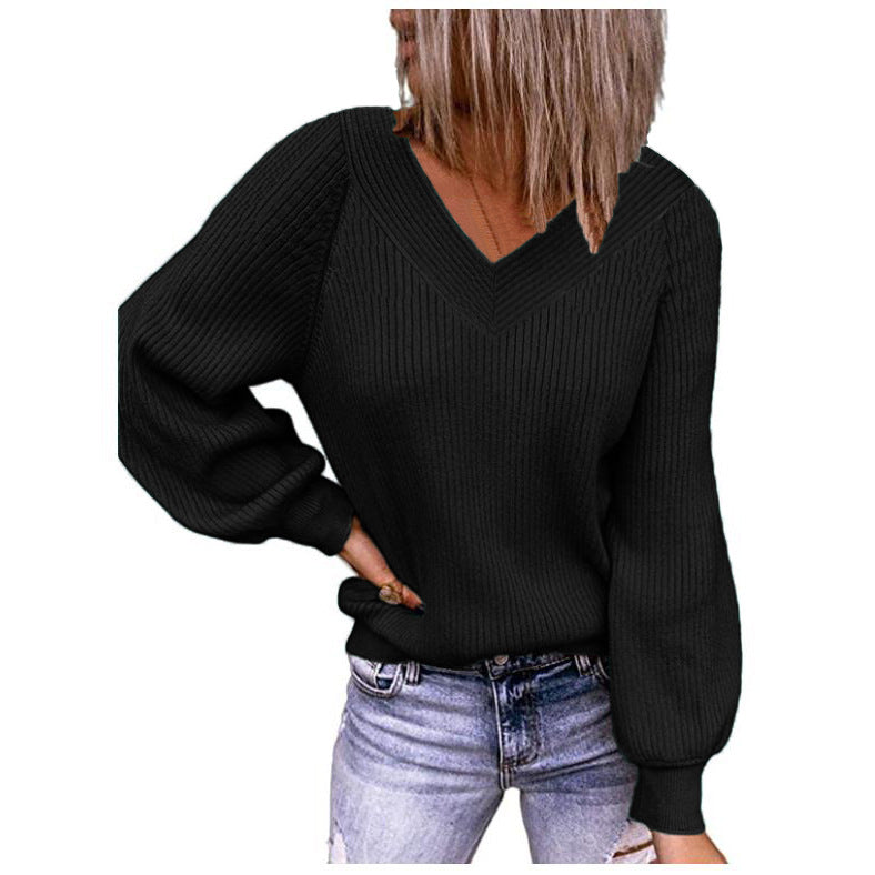 Women's Solid V-Neck Long Sleeve Pullover Knit Top Sweater