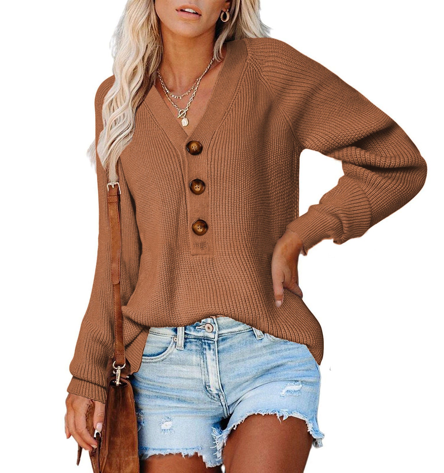 Women's Solid Long Sleeve Button Sweater