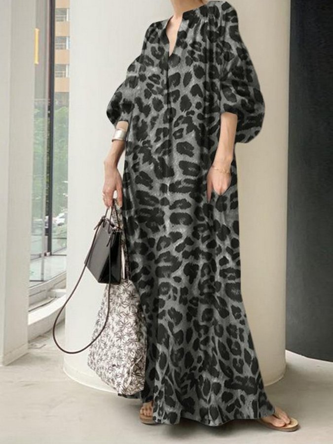 Women's Retro Leopard Print Casual Loose Balloon Sleeve Dress