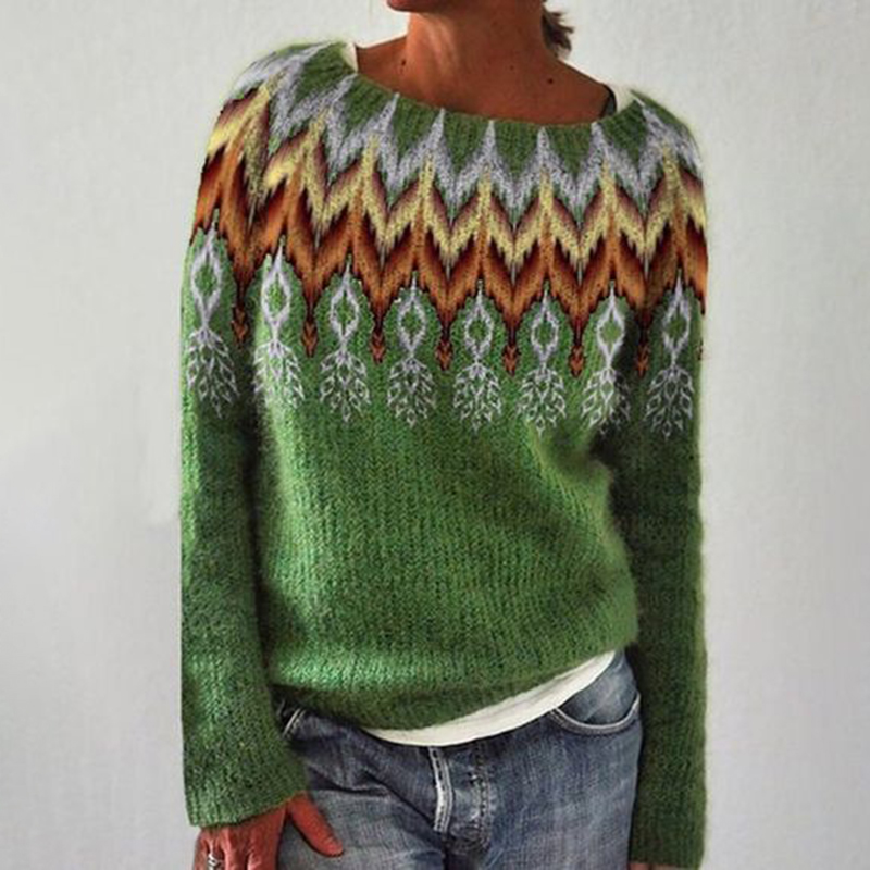 Vintage Crew Neck Ethnic Woven Contrast Sweater