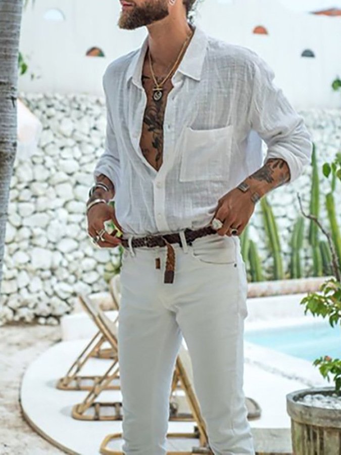Men's Loose Cotton Linen Slub Pocket Shirt
