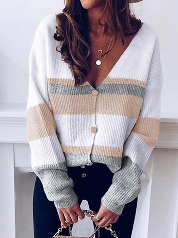 Sexy V Neck Contrast Stitching Long Sleeved Sweater Cardigan