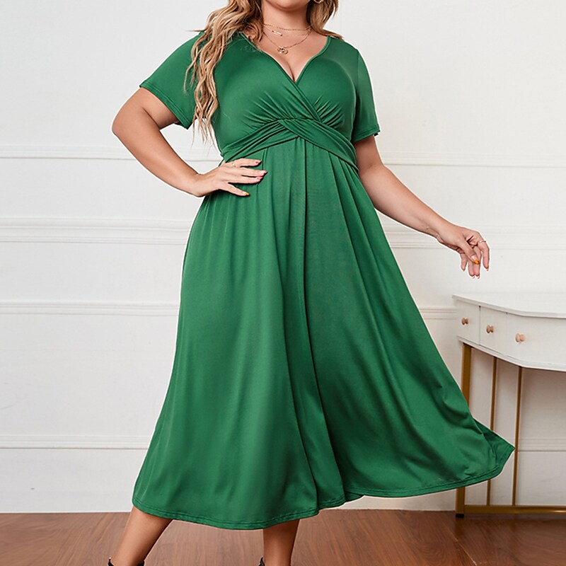 Women's Plus Size Casual Dress Pure Color V Neck Short Sleeve Fall Winter Casual Midi Dress Causal Daily Dress