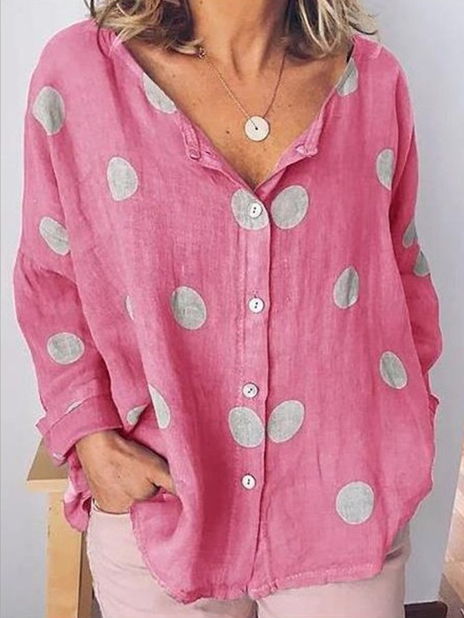Ladies Cotton Linen Polka Dot Fashion V Neck Long Sleeve Printed Shirt