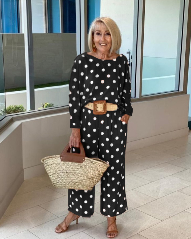 Polka dot long sleeve top wide leg pants set