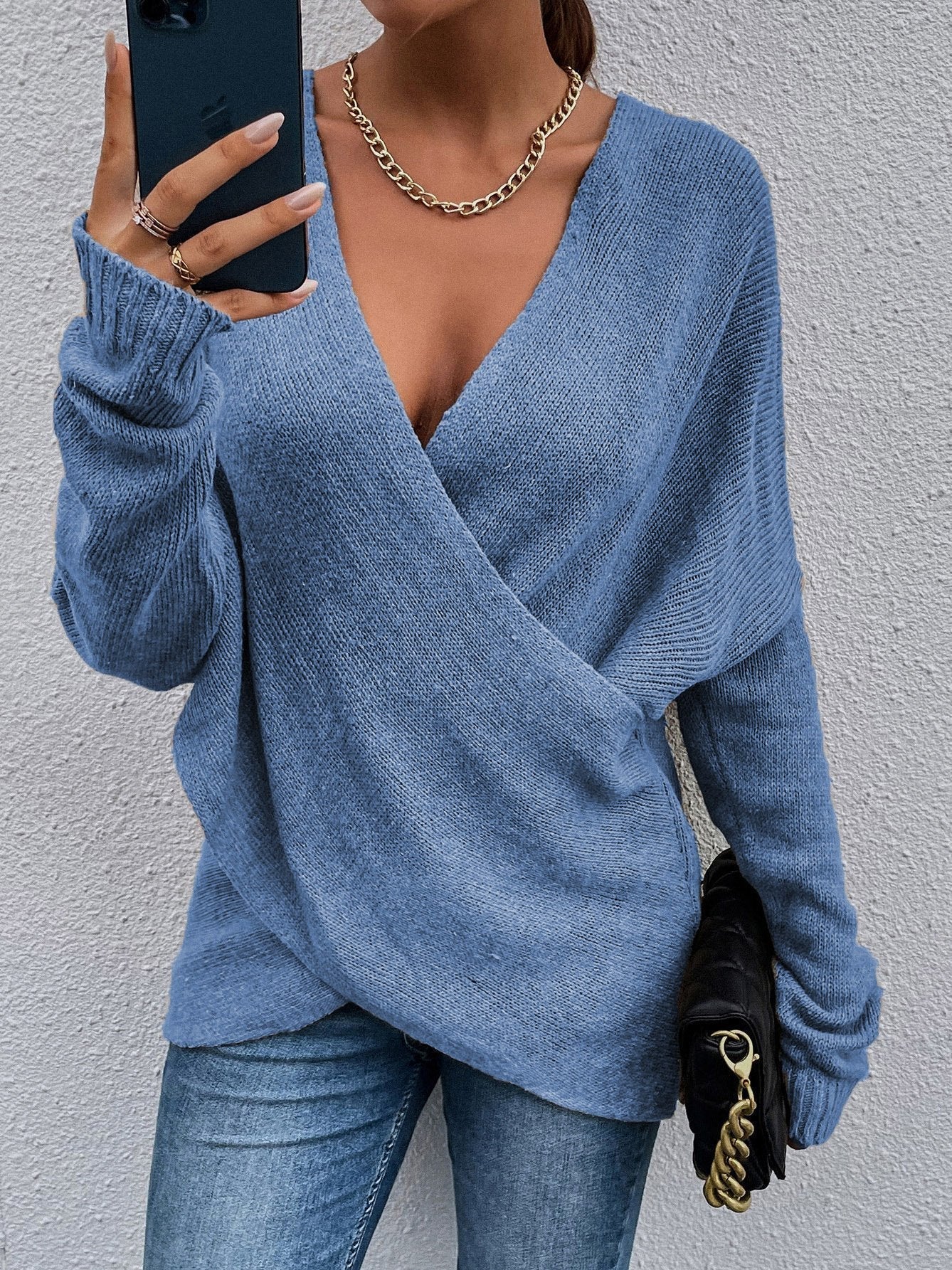 Women's Cross V-Neck Long Sleeve Knitted Sweater