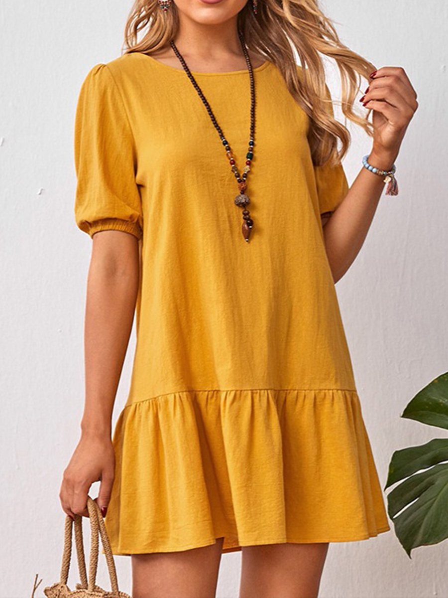 Women's Solid Color Short Sleeve Crinkled Cotton Linen Dress