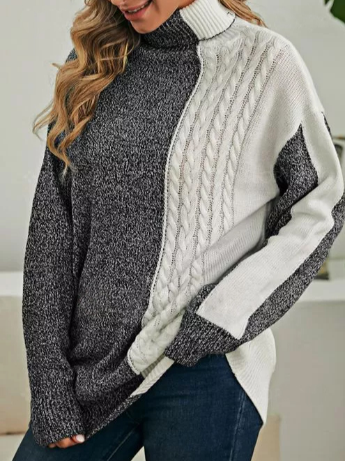High Neckline Color Block Loose Regular Sweater Shift Sweaters