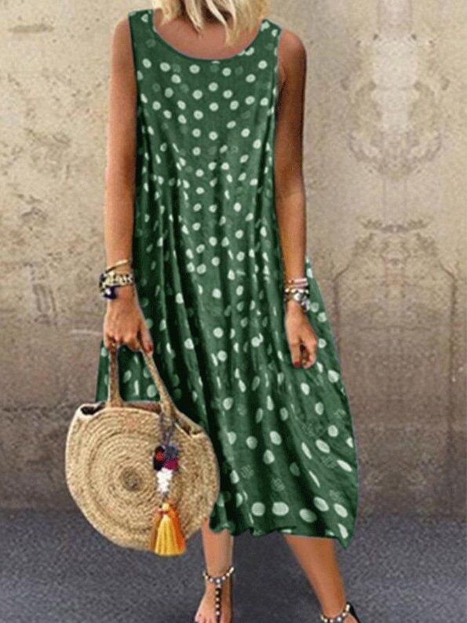 Women's Sleeveless Bohemian Print Polka Dot Dress