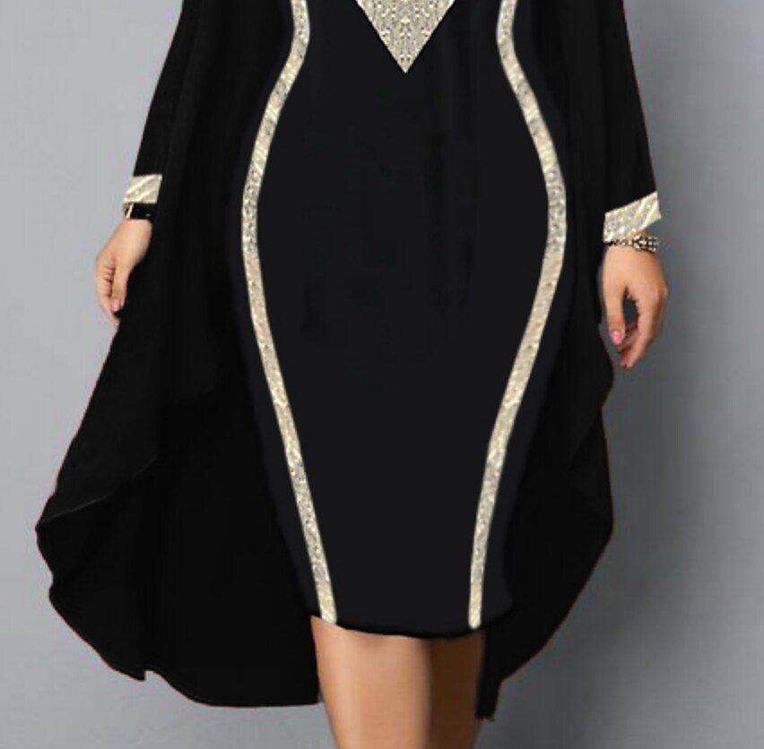 Women's Plus Size Dress Set Color Block V Neck Long Sleeve Formal Dress
