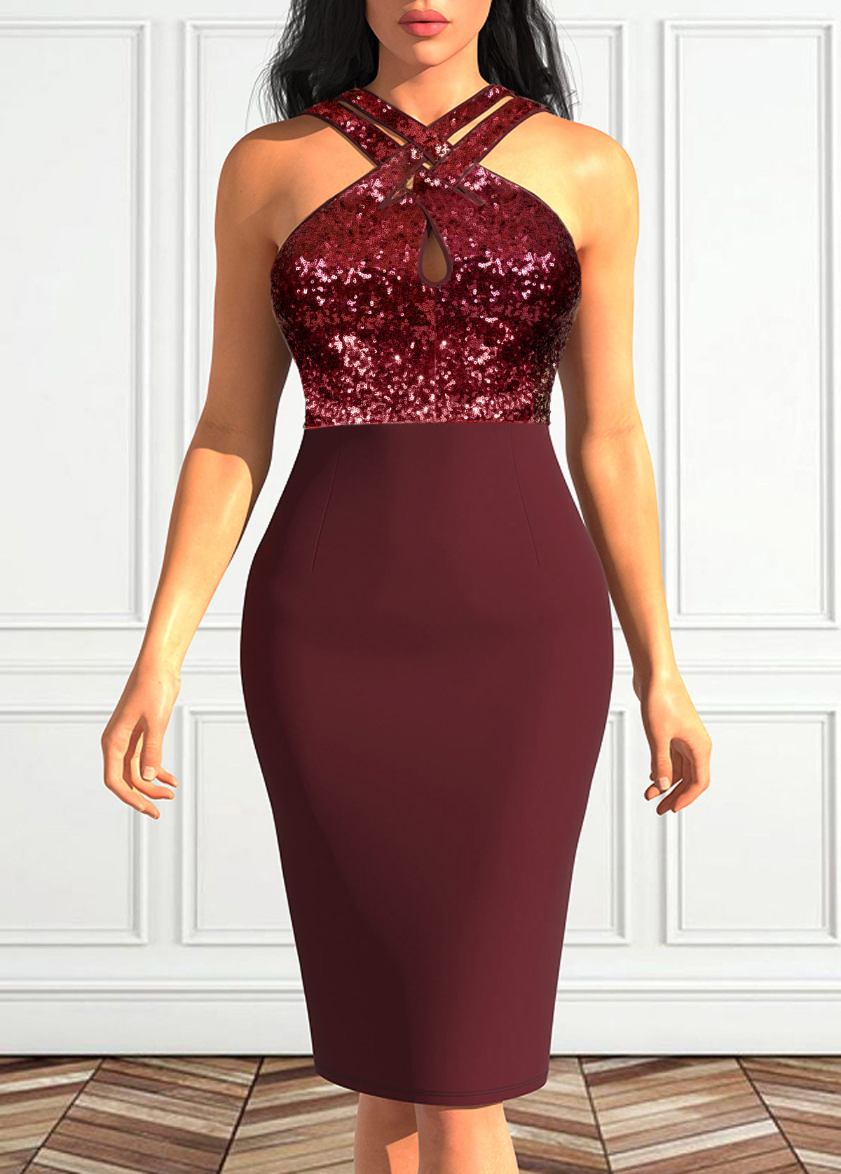 Sleeveless Cross Strap Wine Red Sequin Dress