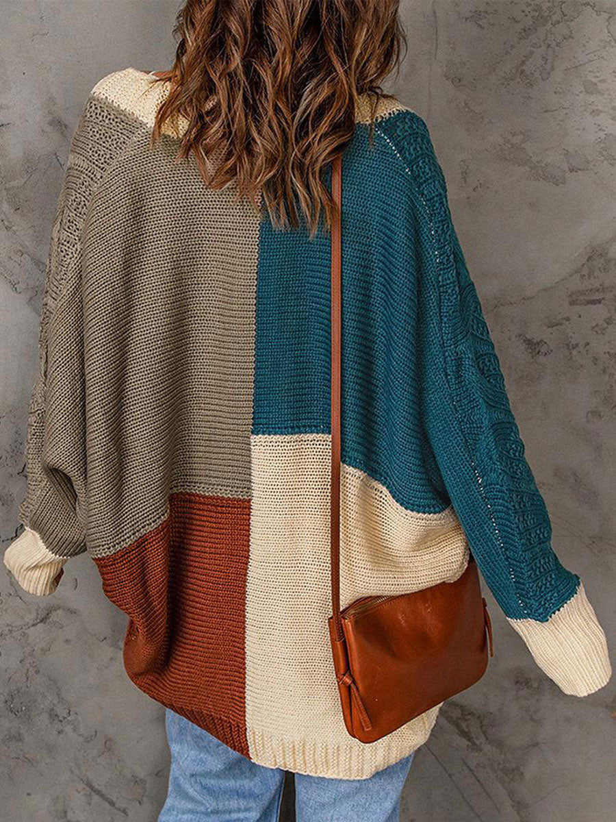 Casual Loose Sweater Contrast Panel Cardigan