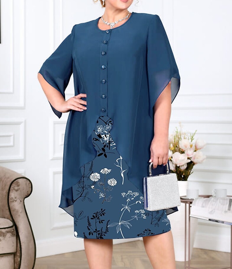Women's Plus Size Dress Set Floral Crew Neck 3/4 Length Sleeve Work Dress