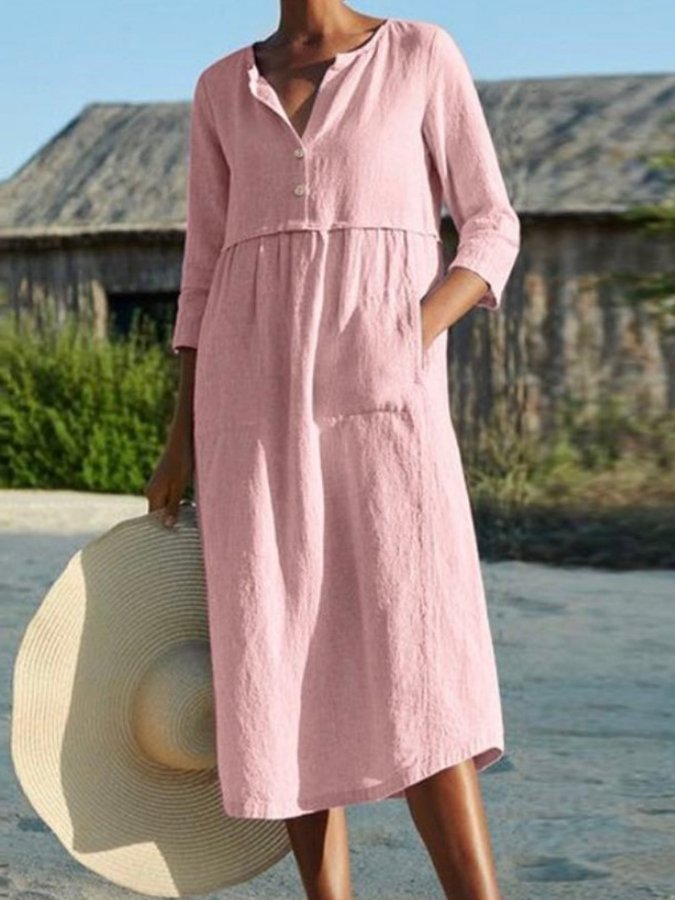 Ladies Cotton Linen Round Neck Pocket Solid Color Dress