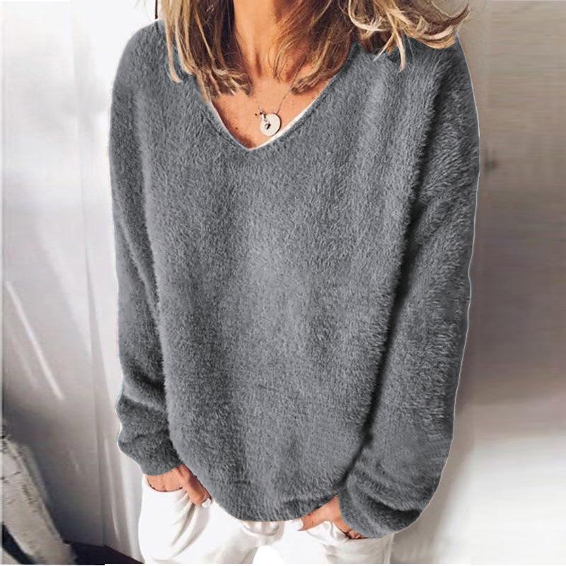 V-Neck Solid Color Furry Sweater