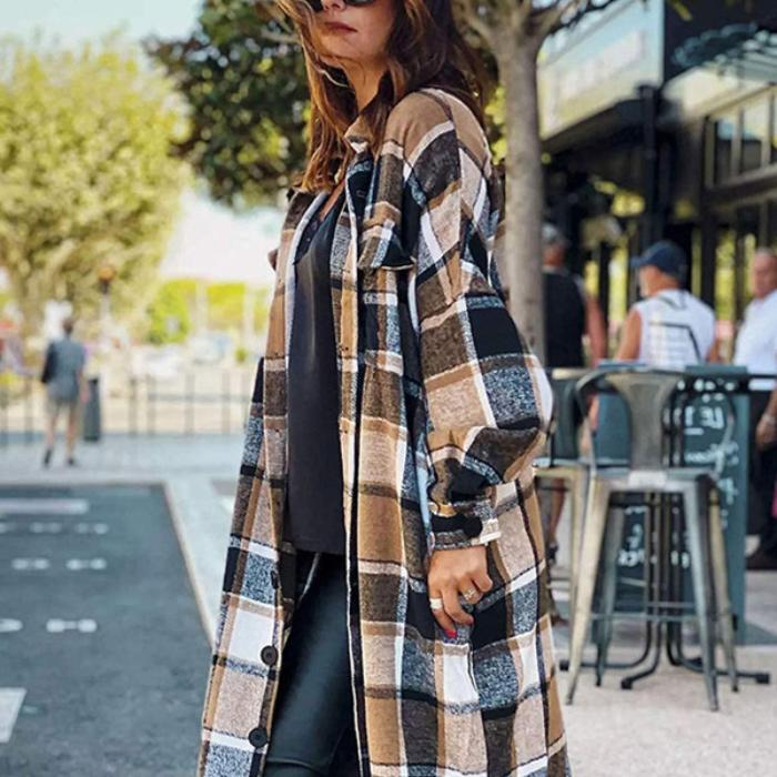 Winter plaid print long sleeve women coat