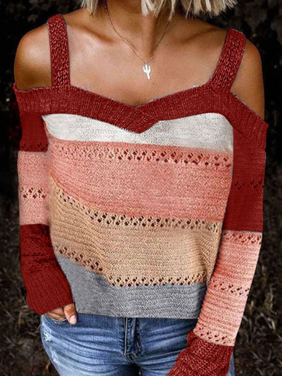 Off-the-shoulder stitching casual long-sleeved knitted sweater