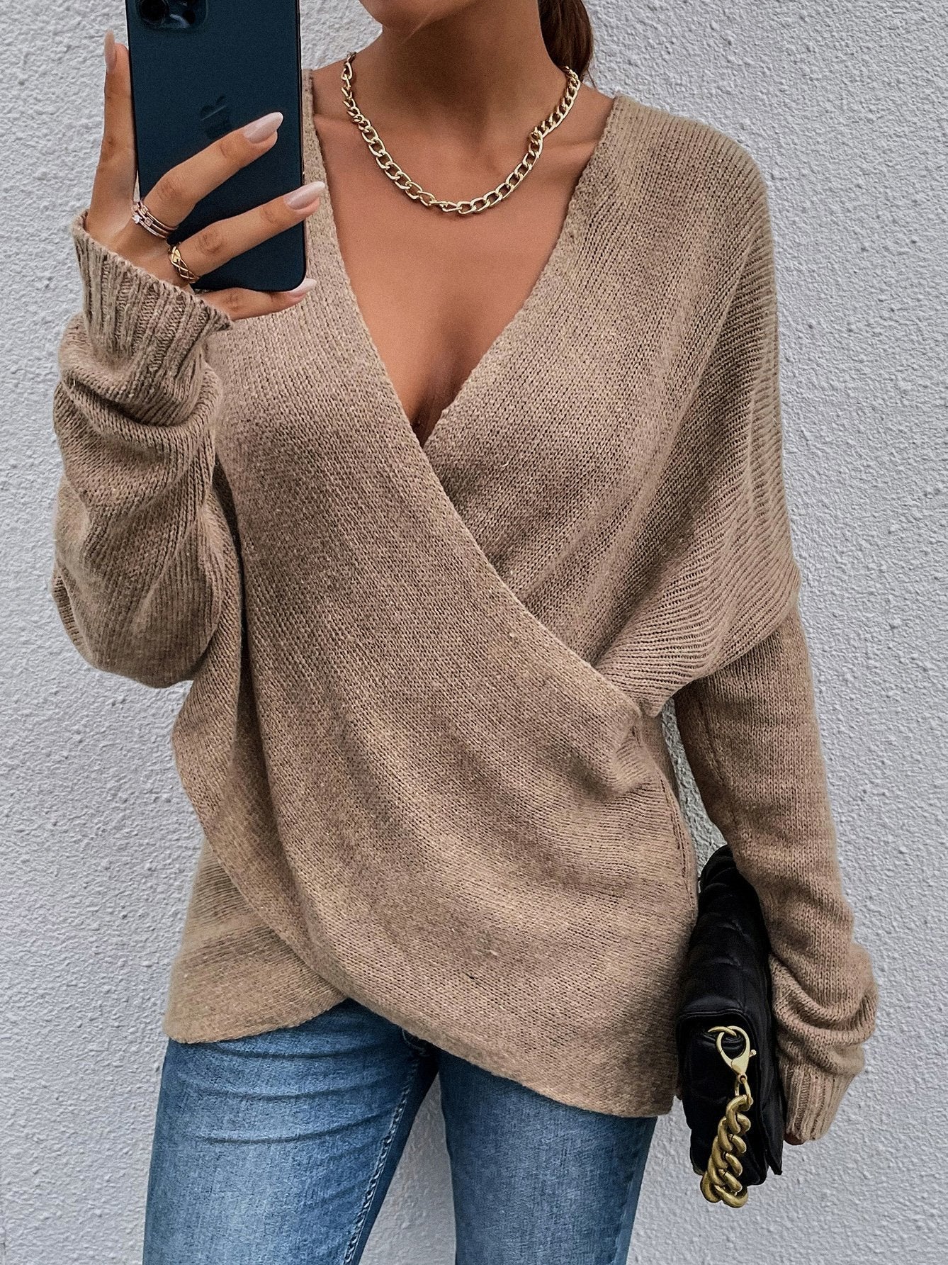 Women's Cross V-Neck Long Sleeve Knitted Sweater
