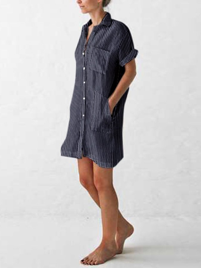 Women's Elegant Striped Cotton Shirt Dress