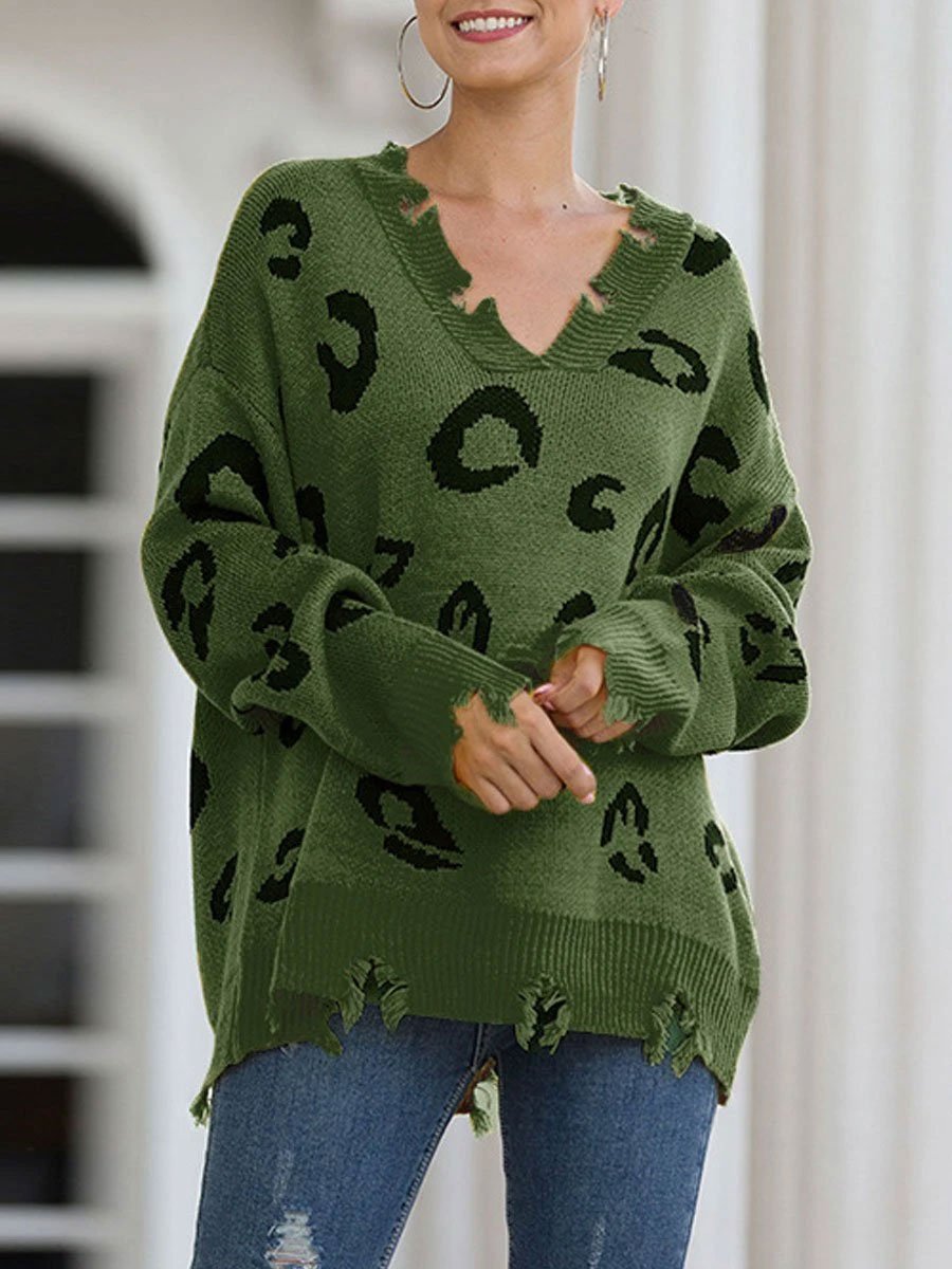 Leopard V-neck Hole Sweater