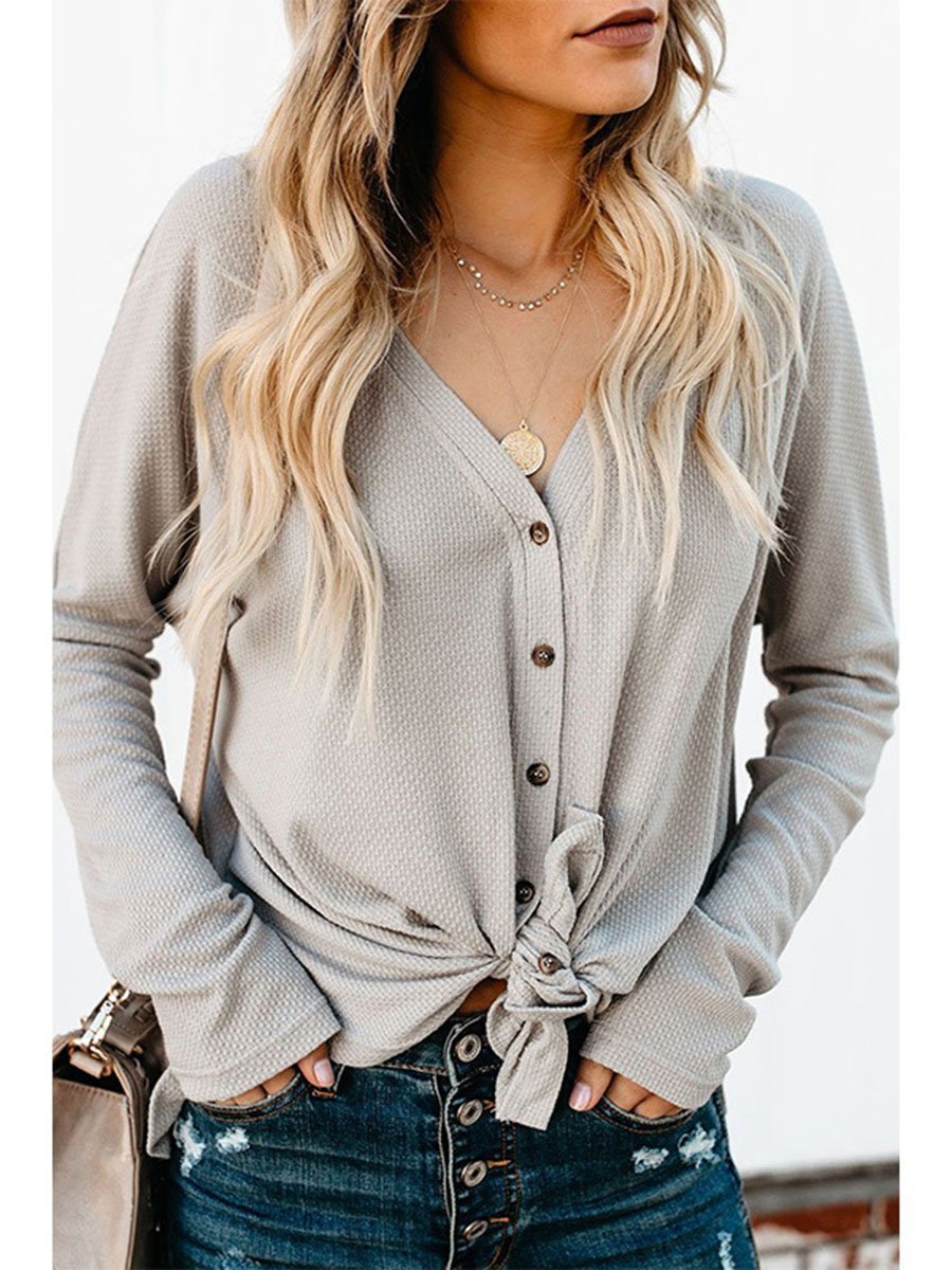V-Neck Solid Color Single-Breasted Knot Knitted Long Sleeves Cardigan